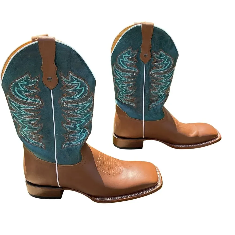 Alfa Western Wear Men's Cowboy Boots Square Toe Blue Green Leather Sz 12‎ Mexico